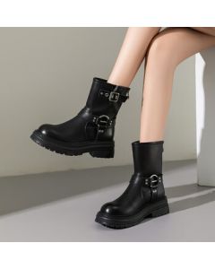 Daphne Spring/Autumn Round-Toe Lightweight Metallic Ankle Boots for Women, Outdoor Motorcycle Boots, Western Boots, Versatile Fashion Martin Boots, Black, Size 37