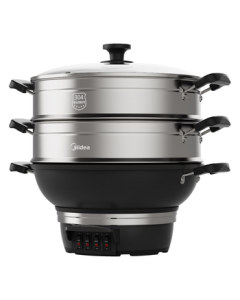 Midea Cast Iron Electric Wok Multi-functional Integrated Household Electric Steamer, Versatile Iron Pot for Boiling, Stewing, Frying, and Electric Hot Pot, Food-Grade Stainless Steel Multi-Layer Large Capacity