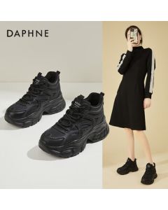 Daphne Platform Lined Warm Dad Shoes for Women, Winter Lightweight Versatile Petite Height-Increasing Casual Sneakers, Black, Size 36