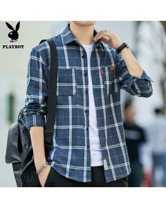 PLAYBOY Men's Long Sleeve Shirt Loose Fit Casual Plaid Shirt for Spring and Autumn, Outerwear White XL