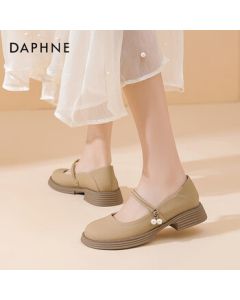 Daphne Mary Jane Shoes Women's 2025 Spring Pearl Buckle Chunky Heel Low-Cut Flats - Beige Size 36