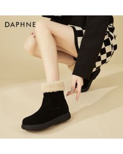 Daphne Women's Leather Platform Snow Boots, Winter Retro Comfortable Versatile Fleece-Lined Warm Short Boots, Black, Size 38