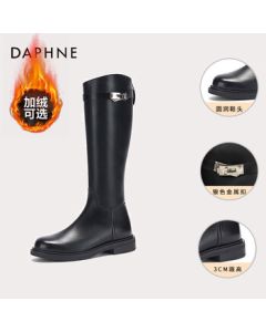 Daphne Autumn/Winter Knee-High Boots Women's Basic Versatile Riding Boots with Belt Buckle - Fleece-Lined Black Size 37