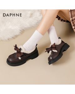 Daphne Women's Fur-Lined Loafers 2025 Autumn/Winter Academic Style Platform Leather Shoes Women's Warm Cotton Shoes Brown Size 36