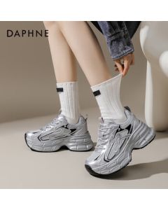 Daphne Silver Platform Chunky Sneakers for Women, 2025 Spring Fashion Versatile Breathable Comfortable Sports Shoes, Silver-Black, Size 36