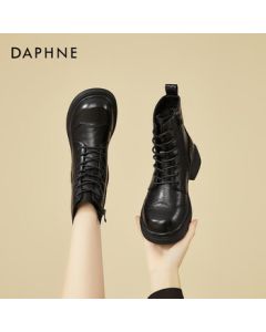 Daphne Flat Fashion British Style Martin Boots for Women, Winter Fleece-Lined Ankle Boots, Versatile Leather Boots for Women, Black, Size 39