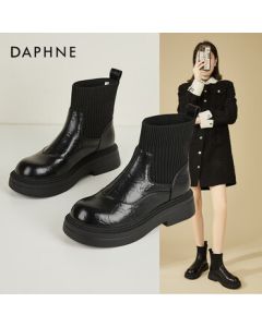 Daphne Platform Chelsea Boots for Women, Winter Fleece-Lined Fashion Versatile Stretch Slim Ankle Boots, Black, 39