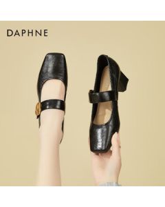 DAPHNE Women's High Heels Square Toe Mary Jane Shoes Chunky Heel Pumps French Retro Versatile Leather Shoes - Black, Size 37