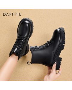 Daphne Women's Martin Boots Round Toe Chunky Heel Height Increasing Slimming Elegant Leather Boots Black Tail Color 39