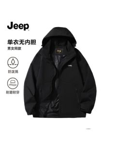 JEEP Unisex Hooded冲锋 Jacket Outdoor Casual Versatile Top Men's Black 2XL