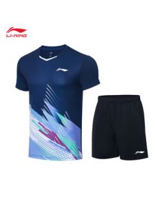 Li Ning T-Shirt and Shorts Set Unisex Quick-Dry Cool Competition Outfit AATT021 Deep Navy Blue-1 XL
