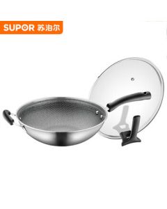 SUPOR Wok, Home Use Crystal Shield Stainless Steel Frying Pan, 32cm CC32JA13 for Gas and Induction Cooktops