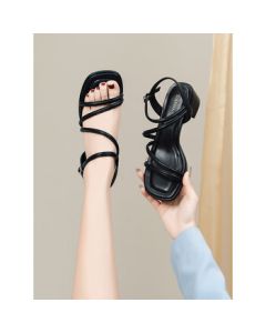 DAPHNE Women's Thin Strap Sandals 2024 Summer French Elegant High Heel Sandals Chunky Heel Roman Sandals Black 37