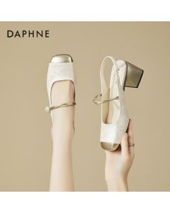 Daphne Square-Toe Chunky Heel Closed-Toe Sandals for Women, Fashionable Versatile New Chinese Style High Heel Shoes, Beige, Size 36