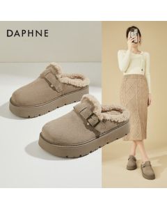 Daphne Genuine Leather Platform Birkenstock Slippers for Women, Winter Fleece-Lined Versatile Comfortable Closed-Toe Fuzzy Slippers, Khaki, Size 35