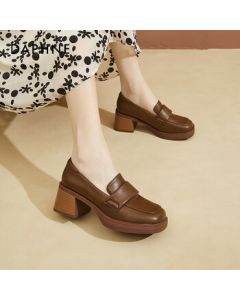 Daphne Chunky Heel Loafers Women's British Style Versatile Leather Shoes Soft Sole High Heel Pumps Brown 36