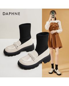 DAPHNE Women's Sock Boots High Heel Mary Jane Shoes, Thick Sole British Style JK Shoes, Beige, Size 35, Standard Size