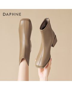 Daphne Women's Short Boots Genuine Leather Square Toe Chunky Heel Fleece-Lined Slim Boots Commuter Shoes 4023605002 Fleece Brown 36