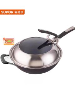 SUPOR Wok Cast Iron Frying Pan Household Rust-Free Coating-Free FC32Z12 + Kitchen Wet Wipes (1 Pack)
