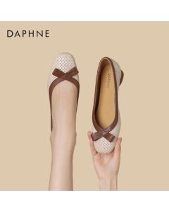 Daphne Women's Retro Leather Slip-On Loafers with Bow Detail Chunky Heel Breathable Flats 4024404008 Beige 40