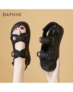 Daphne Women's Sandals - Versatile Platform Hook-and-Loop Casual Sports Beach Shoes, Elegant Chanel-Style Sandals - Black - Size 35
