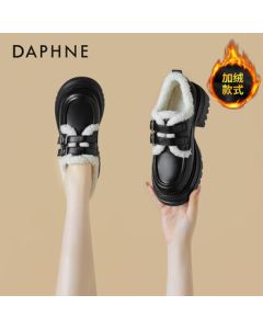 Daphne Retro Faux Fur Loafer Women's Shoes 2025 New Arrival Thick-Soled Height-Increasing Versatile Cotton Shoes Black 36