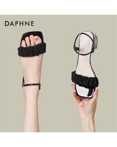 DAPHNE French Chunky Heel Crystal Strap Sandals for Women - Internet Celebrity Fairy Style Floral Roman Sandals, Black, Size 38