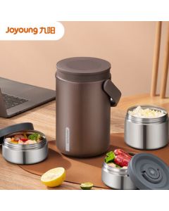 Joyoung 2L Large Capacity Vacuum Insulated Food Jar with Multi-Layer Cooking and Portable Lunch Box B20T-WR765 (Brown)