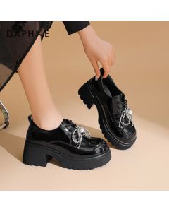 Daphne Platform Loafers Women's 2025 Fashion Spring British Style Chunky Heel Leather Shoes for Women Black 35
