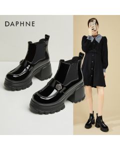 DAPHNE Chelsea Boots for Women, Chunky Heel Ankle Boots, Winter Fleece-Lined British Style Versatile High-Heel Boots, Black/Thick Fleece 37