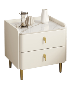 LUOSEN Solid Wood Nightstand with Stone Top, Leather Modern Minimalist Bedside Cabinet for Small Bedrooms, Beige