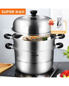 SUPOR Steamer Pot 304 Stainless Steel Double-Layer Multi-Purpose Pot with High Arch Lid 30cm Steamer for Buns SZ30CA1 + Free Bottle of Dish Soap (Single Shipment)