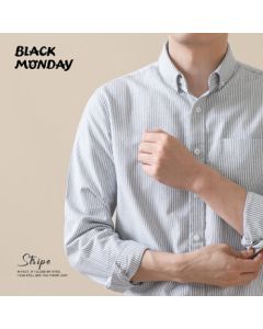 BLACKMONDAY Pure Cotton Oxford Long Sleeve Shirt for Men, All-Cotton Vertical Striped Wrinkle-Resistant Non-Iron Business Casual Shirt