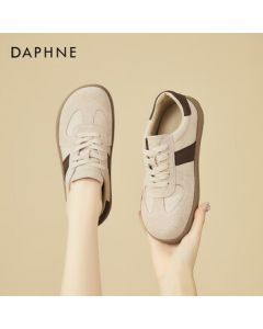 DAPHNE Suede Leather Women's Retro Casual Sneakers - Low-Top Lace-Up Comfortable Fashionable Versatile Sports Shoes - Khaki - Size 38
