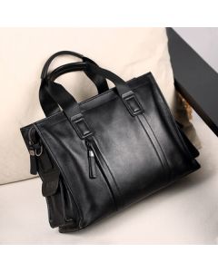 Pabojoe Men's Leather Briefcase - Genuine Soft Calfskin Business Laptop Bag, Casual Handheld & Shoulder Crossbody Messenger Bag for Men, Model PBJ148A, Black