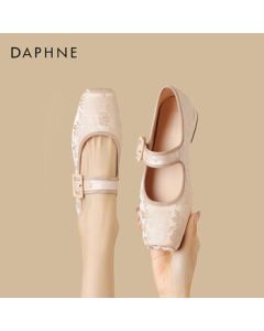 Daphne Women's Square-Toe Mary Jane Shoes Embroidered Ballet Flats with Chunky Heel 4024101347 Pink 36