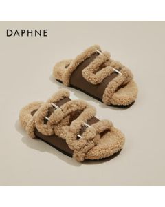 DAPHNE Retro Versatile Fashion Flat Furry Slippers for Women, Casual Comfortable Cotton Slides, One-Strap Sandals, Brown, Size 37