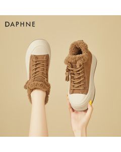 DAPHNE Women's Platform High-Top Sneakers with Fleece Lining - Fashionable Casual Canvas Shoes in Camel Size 37