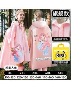 Mumeng Kids Raincoat with Backpack Slot, Extended Full-Body Student Rain Poncho for Boys and Girls - Pink Mermaid, 2XL
