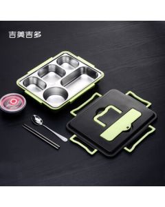 Jimeijiduo Large 5-Compartment + Utensils + Bowl 304 Stainless Steel Insulated Portable Lunch Box Sealed Meal Tray Fast Food Container Divided Bento Box Color Note or Random [Minimum 2 Sets]