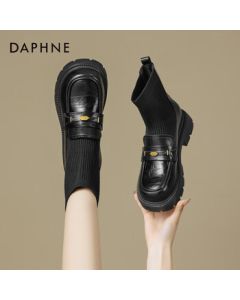 Daphne Stretch Sock Boots Women's 2025 Winter New British Style Loafers Thick Platform Heightening Ankle Boots Black 38