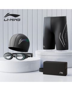 LI-NING Swimming Trunks, Goggles, Swim Cap, and Swim Bag Luxury Set for Men - 888 Set Black Plain XXL