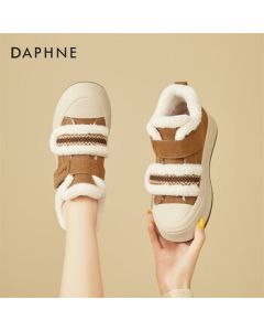 DAPHNE Platform Velcro Snow Boots for Women, Northeast Style Plush Lined Thick Warm Lazy Fur Shoes, Cotton Boots, Camel Color, Size 37