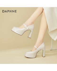 DAPHNE Wedding Height-Increasing Ultra-High Heels for Petite Women, Fashion Chunky Heel Mary Jane Shoes, Women's Leather Shoes, Beige, Size 38