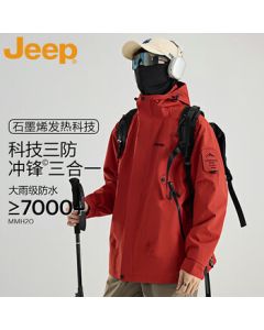 JEEP Men's Jacket Autumn Winter Outdoor Windbreaker Waterproof Three-in-One Couple's Mountain Climbing Coat - Vermilion Red 2XL