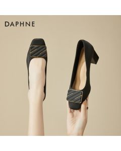 Daphne Elegant and Stylish Women's Flats, Versatile Minimalist Commuter Chunky Heel High Heel Slip-On Shoes, Black, Size 36