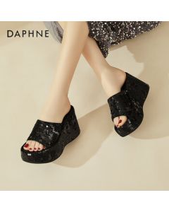 Daphne Thick Sole Glitter High Wedge Sandals for Women, Summer Height-Increasing Fashion Slingback Flip Flops, Black, Size 35