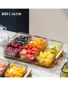 CAIZHI 6-Compartment Square Fruit Tray with Lid - Luxury Home Snack Dish for Fruits, Candies, and Desserts in Champagne Color CZ6712