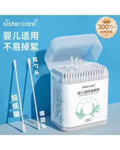 Sister Care Baby Cotton Swabs - 200 Pieces, Spiral Head, Ultra-Thin Sticks for Ears, Nose, and Belly Button Cleaning, Newborn and Infant Safe