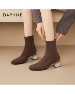 Daphne Women's Ankle Boots Simple Square-Toe Slim Boots Chunky High Heel Suede Boots 4024605004 Brown 36